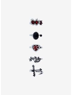 Social Collision Dark Heart Flower Ring Set Red Emo Style Metal Jewelry, Halloween Rings, Social Collision, Right Arrow Icon, Left Arrow, New Zombie, Red Gems, Halloween Ring, Heart Rings