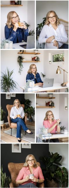 a woman sitting in a chair with her laptop and other pictures on the wall behind her