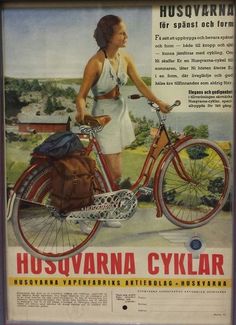 an old advertisement for a bicycle with a woman on it's back and the words hosvarna cyclar written in russian