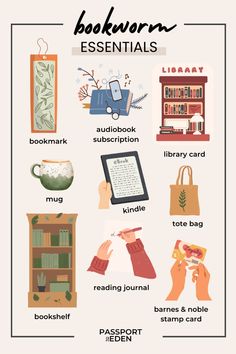 the bookworm essentials poster with books, bookshelves and other things to read