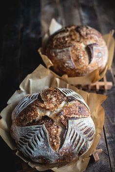 two loaves of bread sitting on top of brown paper