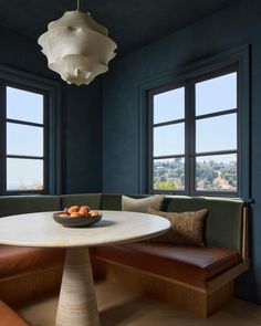 a bowl of fruit sits on a table in front of two windows