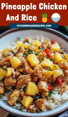 pineapple chicken and rice on a plate with text overlay that reads pineapple chicken and rice