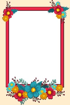 a red frame with colorful flowers and leaves on the edges, in front of a beige background