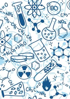 a blue and white background with many different types of science related objects on it's surface