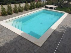 an empty swimming pool surrounded by greenery