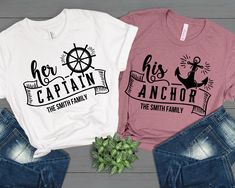 Check Out More Shirts Here: couplethreadz.etsy.com PLEASE NOTE (designs come with assigned colors and are sold separately) White Blend - His Anchor Heather Mauve - His Anchor Fuchsia - His Anchor Black Blend - His Anchor Red - His Anchor  White - Her Captain Black - Her Captain Kelly - Her Captain Aqua - Her Captain Heather Midnight Navy - Her Captain This classic unisex jersey short sleeve tee fits like a well-loved favorite. Soft cotton and quality print make users fall in love with it over and over again. These t-shirts have-ribbed knit collars to bolster shaping. The shoulders are tapered for a better fit over time. Dual side seams hold the garment's shape for longer.  .: Made with 100% Airlume combed and ring-spun cotton, a lightweight fabric (4.2 oz/yd² (142 g/m that is easy to layer Matching Cruise Shirts Couple, Couples Cruise Shirts, Husband And Wife Shirts, Couple Cruise, Cruise Shirts, Cruise Shirt, Matching Couple Shirts, Wedding Present, Matching Couple