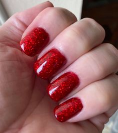 Oz Red - Peppi Gel Red Sparkle Gel Nails, Cute Red Sparkly Nails, Red Glitter Dip Powder Nails, Red Sparkly Dip Nails, Glitter Dip Powder Nails, Bright Red Sparkly Nails, Nails With Tips, Red Nails With Glitter Ring Finger, Red Glitter Shoes