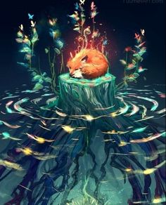 a fox sleeping on top of a tree stump in the middle of water with butterflies flying around