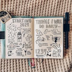 an open notebook with doodles and writing on the pages that says, starting things i will do daily