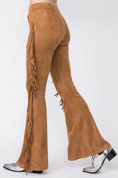 Soft stretchy faux suede flare pants with elastic waist and fringe detail Fringe Pants Outfit, Fringed Pants, Fringe Pants, Bold Dresses, Basic Shoes, Pants With Elastic Waist, Suede Pants, Flare Pant, Belt Purse