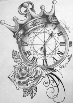 a drawing of a clock with a crown on it's face and roses around the clock