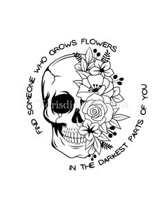 a skull with flowers on it and the words roses in the dark written above it