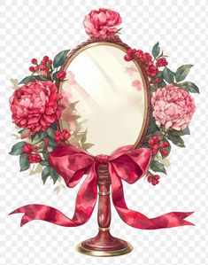 a mirror with pink flowers and red ribbon around it, on top of a stand