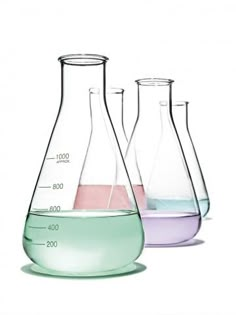 three flasks filled with colored liquids on a white background