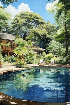 a painting of a pool in front of a house with trees and lawn chairs around it