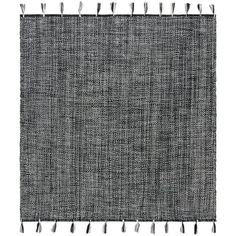 a gray rug with fringes on the bottom and one side, in front of a white background