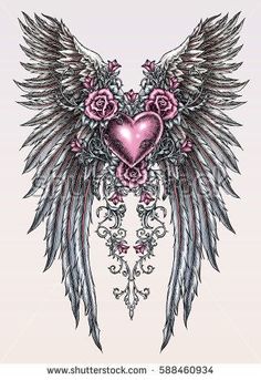 an angel heart with wings and roses on a white background, tattoo art print design