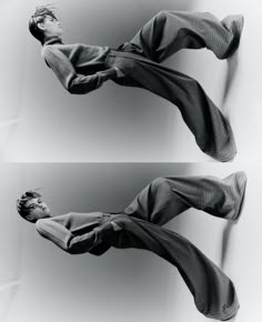 two photographs of a man laying on his back