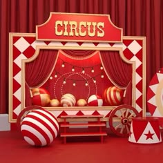 a circus stage with red and white decorations