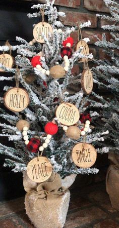 a small christmas tree with wooden tags on it