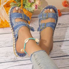 INCLUDES: Sandals AVAILABILITY: This item will ship separately from the rest of your order. Please allow 5-10 business days for shipping. FEATURES: Heel height: Flats Material: Elastomer, Denim Imported Size Foot length 36(US5) 9 37(US6) 9.2 38(US7) 9.4 39(US8) 9.6 40(US9) 9.8 41(US10) 10 42(US10.5) 10.2 43(US11) 10.4 Straw Sandals, Denim Flats, Summer Sandals Flat, Toe Ring Sandals, Shoes Jeans, Jeans Overall, Slippers Pattern, Jeans Cargo, Flip Flop Slippers