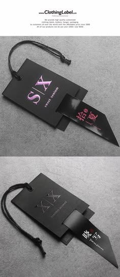 two black and white business cards with pink ink on them, one in the shape of a knife