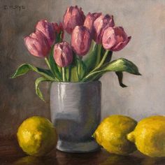 a painting of pink tulips and lemons in a silver vase