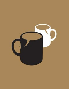 two coffee mugs sitting next to each other on a gray and black square background