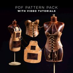 three leather mannequins are shown with the text, pattern pack with video instructions