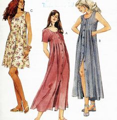 three women's dresses and one woman's dress are shown in two different styles