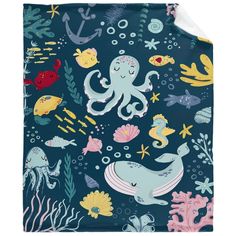 an ocean themed blanket with octopus, sea animals and other marine creatures