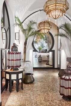 a living room filled with lots of furniture and plants on top of it's walls