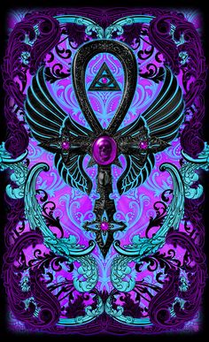 a cross with wings and an eye in the center on a purple background, surrounded by ornate swirls