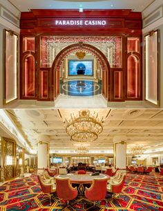 the inside and outside of a casino with red chairs, chandeliers, and tables