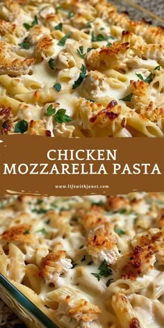 chicken mozzarella pasta in a glass casserole dish