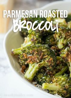 broccoli in a white bowl with parmesan toasted broccoli