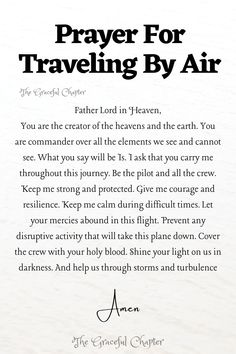 a prayer for traveling by air with the words in black and white on top of it