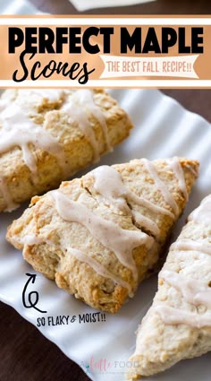 three scones with icing on them sitting on a white plate