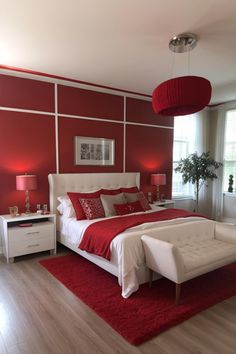 a bedroom with red walls and white furniture