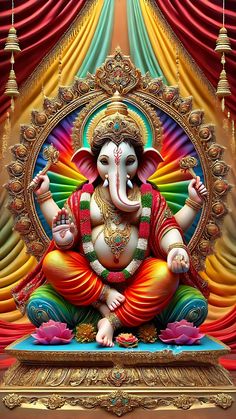 an image of the god ganesha in front of a stage with red curtains