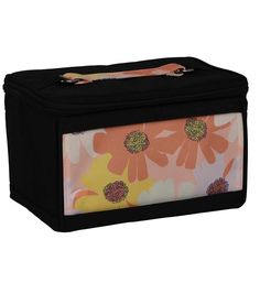 an orange and pink flowered pattern on the side of a black box with zippers