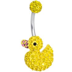 14 Gauge (1.6mm), 7/16" (11mm), 316L Surgical Grade Stainless Steel Curved Barbell, Cubic Zirconia, 5mm Top Ball End   Yellow Pink CZ Gem Rubber Ducky Belly Ring This is one rubber ducky that doesn't have to stay in your bathtub! This 14 gauge navel ring is made with a 7/16" durable 316L surgical grade stainless steel curved barbell. It features a 5mm ferido style top ball end, set with yellow cubic zirconia gems. The bottom end features an adorable rubber duck charm paved in yellow cubic z Belly Button Piercing Cute, Ring Piercing, Easter Jewelry, Grunge Jewelry, Black Gems