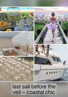 a collage of photos with drinks and people on a boat in the water,