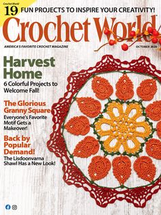 the front cover of crochet world magazine with an orange and yellow doily