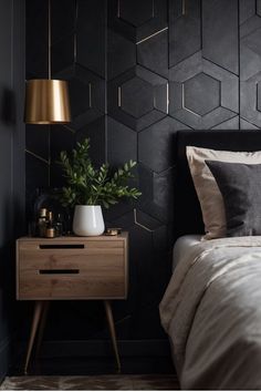 a bedroom with black and gold wallpaper, bedding, nightstands and plants