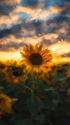 a painting of a sunflower in the middle of a field