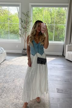 AE High-Waisted Tiered Maxi Skirt curated on LTK V Day Dinner Outfit, Womens Western Skirt Outfits, Casual White Maxi Skirt Outfit, Long Skirt Outfits Western, White Tie Top Outfit, White Maxi Shirt Outfit, Boho Daily Outfit, What To Wear When Getting Engaged, Chattanooga Tennessee Outfits