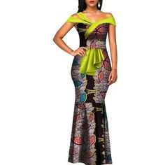 African Cotton Wax Print Clothing Women  Long Mermaid Bazin Dress Vestidos Bazin Dress, Wax Print Dress, Africa Fashion Style, Long Mermaid Dress