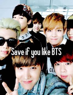 the boys are posing for a photo with their hand up in front of them and text that says save if you like bts